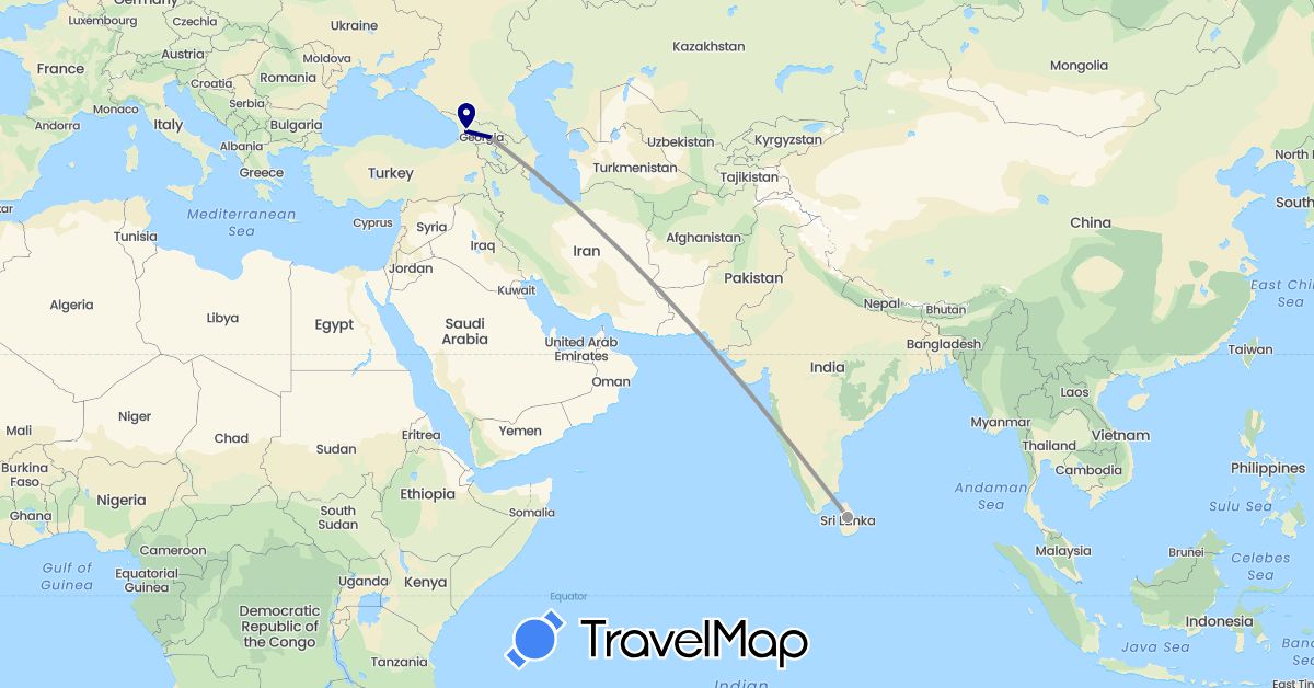 TravelMap itinerary: driving, plane in Georgia, Sri Lanka (Asia)